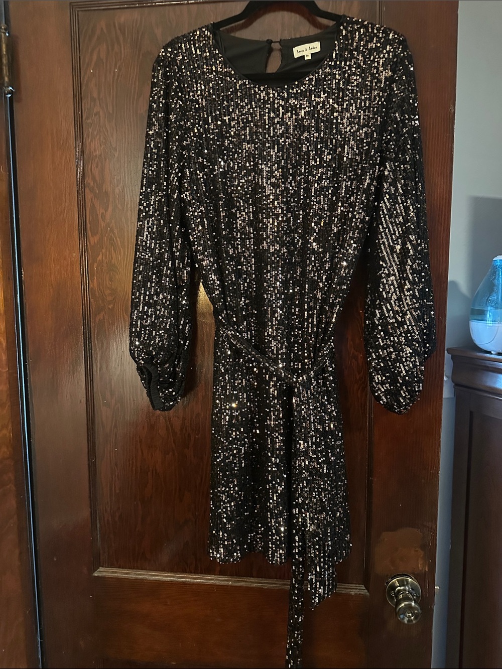 Black Sequin Long-Sleeve Belted Party Dress